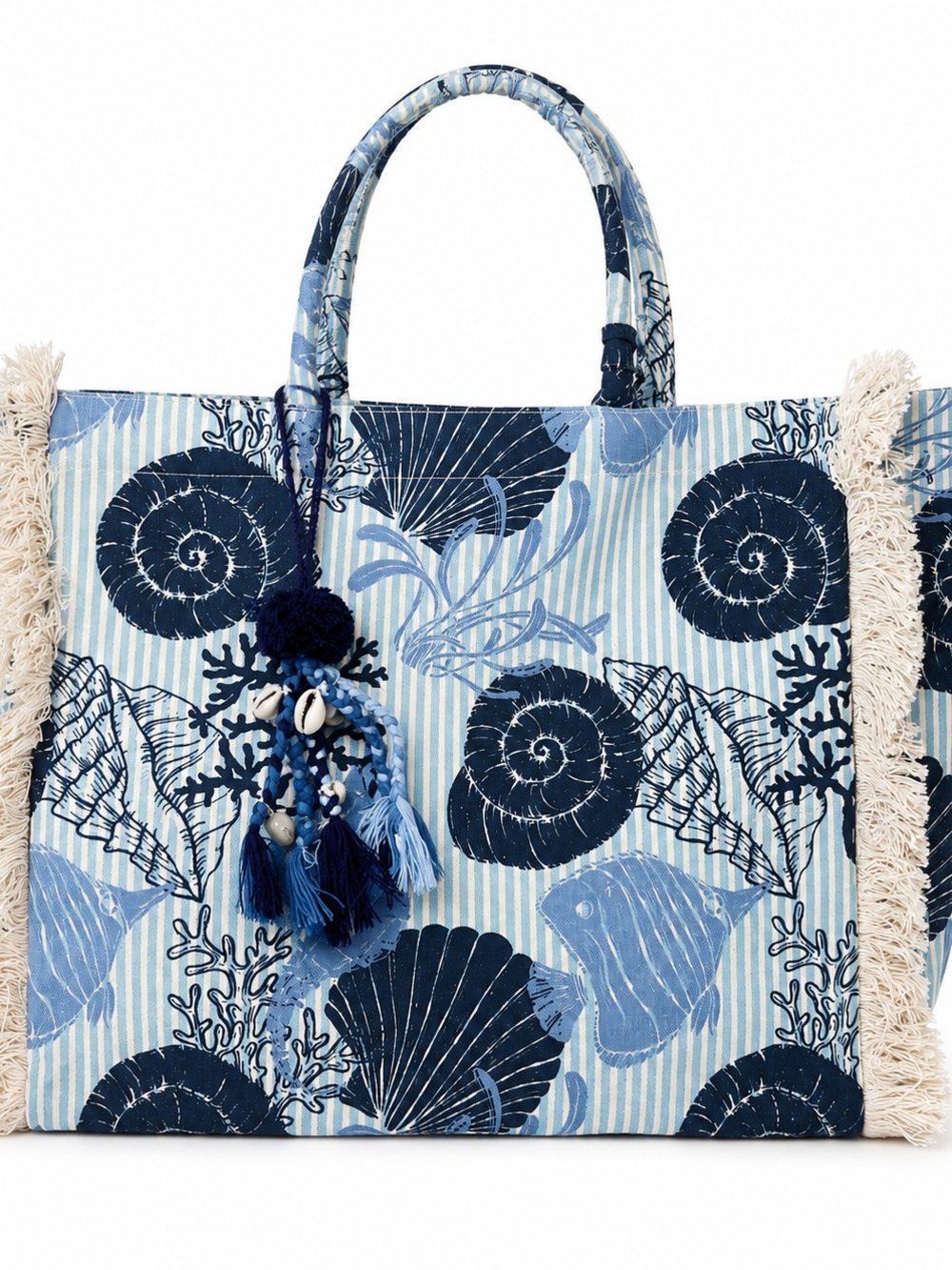 Striped Blue Seashell beach Bag with Tassel Charm